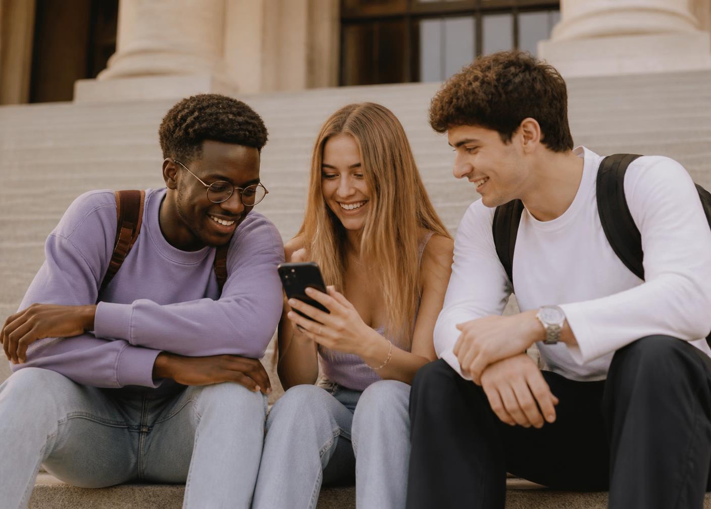 Grupo de estudiantes universitarios revisando la app de Meru